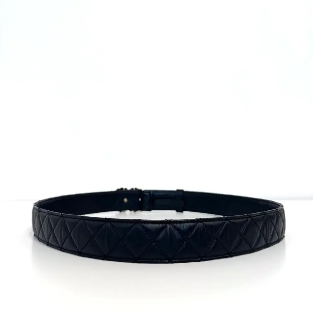CHANEL Quilted Black Lambskin Leather Belt 90 CC Chain 19 Logo Gold Buckle 36